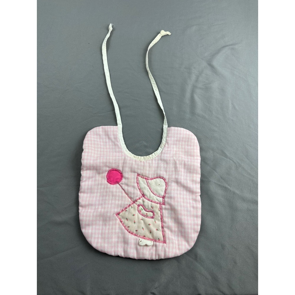 Vintage Sunbonnet Sue Baby Bib Pink Gingham Handmade Applique Tie Back‎